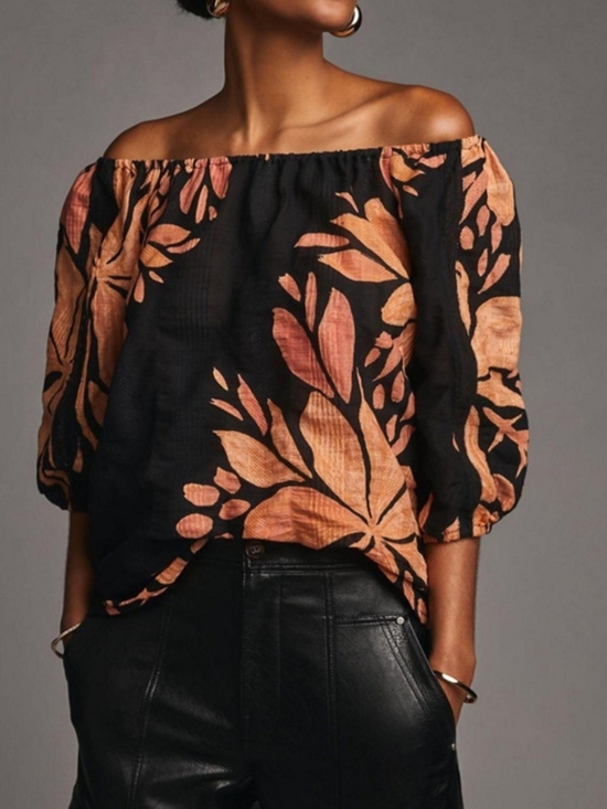 Anthropologie Tops - Anthropologie Off Shoulder Blouse with Black And Rust Floral Print